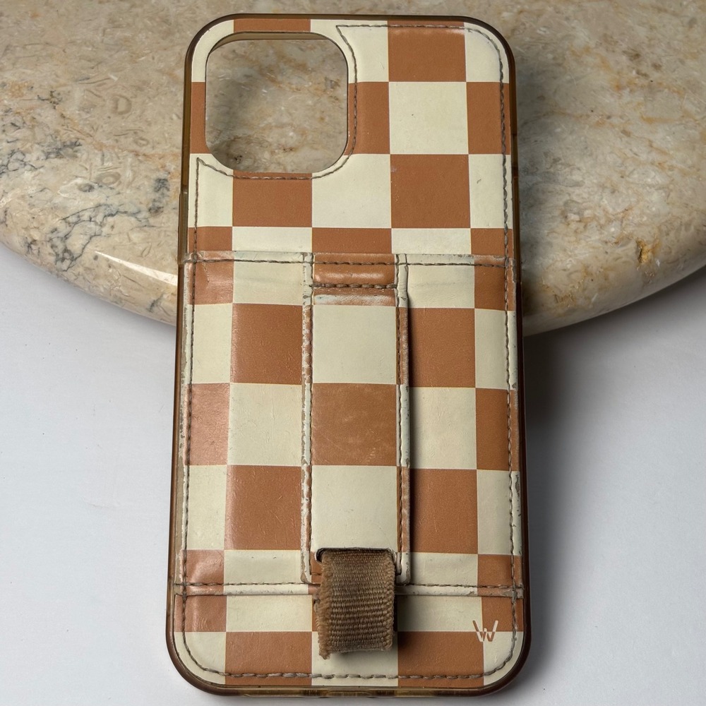Walli iPhone 12 Pro Max Case Tan Cream Checkered Strap Card Slot‎